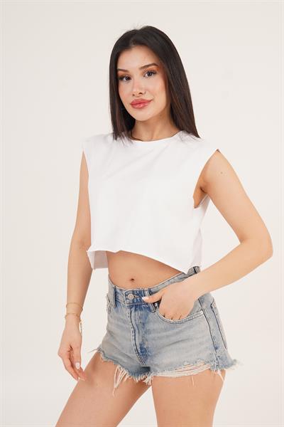 Bisiklet Yaka Kolsuz Salaş Crop Tişört Beyaz
