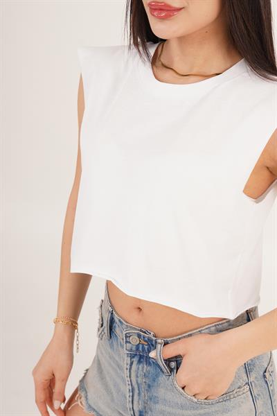 Bisiklet Yaka Kolsuz Salaş Crop Tişört Beyaz