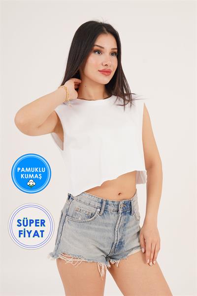 Bisiklet Yaka Kolsuz Salaş Crop Tişört Beyaz