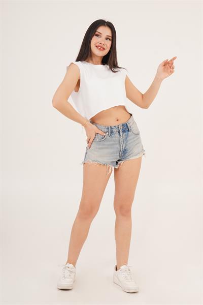 Bisiklet Yaka Kolsuz Salaş Crop Tişört Beyaz
