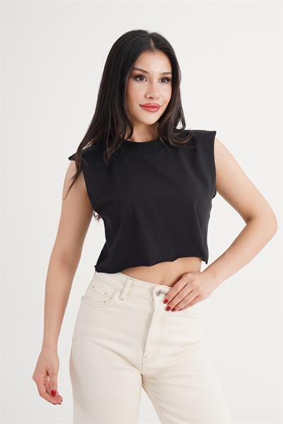 Bisiklet Yaka Kolsuz Salaş Crop Tişört Siyah