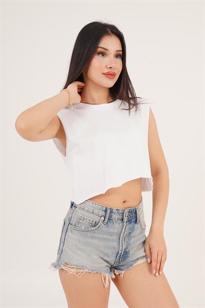 Bisiklet Yaka Kolsuz Salaş Crop Tişört Beyaz