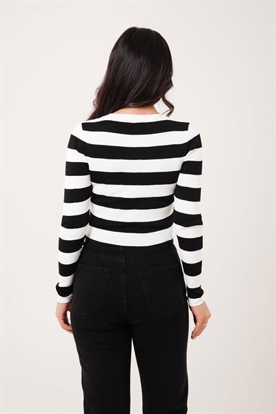 Bisiklet Yaka Siyah Kalın Çizgili Crop