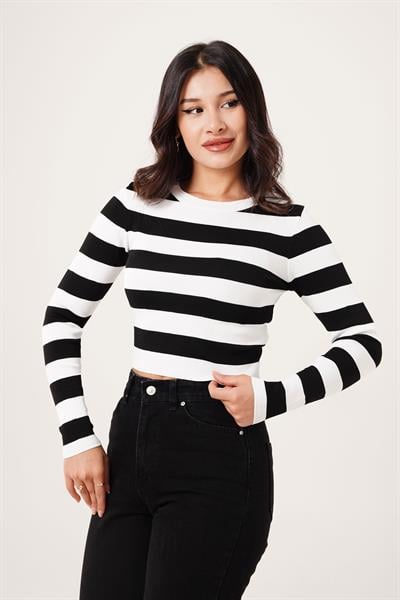 Bisiklet Yaka Siyah Kalın Çizgili Crop