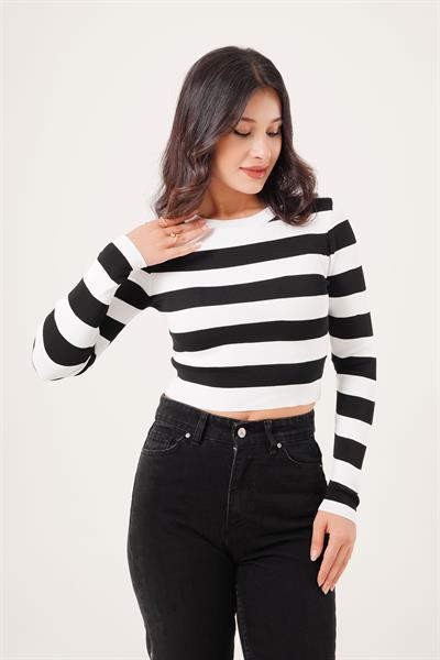 Bisiklet Yaka Siyah Kalın Çizgili Crop