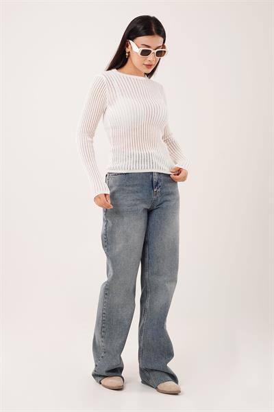 Bisiklet Yaka Transparan Beyaz Bluz