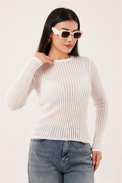 Bisiklet Yaka Transparan Beyaz Bluz