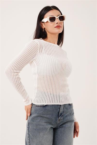 Bisiklet Yaka Transparan Beyaz Bluz