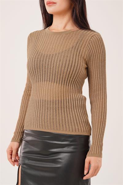 Bisiklet Yaka Transparan Camel Bluz