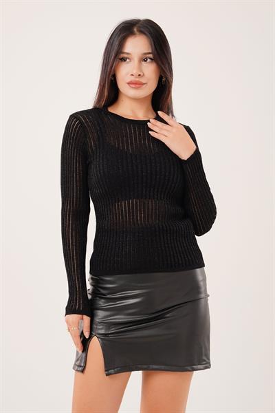 Bisiklet Yaka Transparan Siyah Bluz