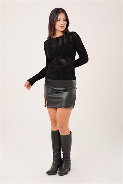 Bisiklet Yaka Transparan Siyah Bluz