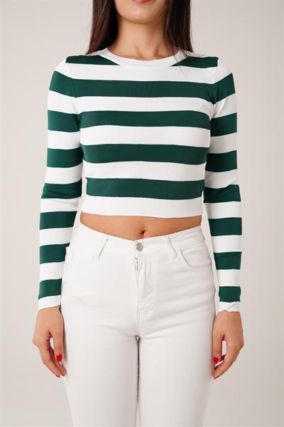 Bisiklet Yaka Z.Yeşili Kalın Çizgili Crop