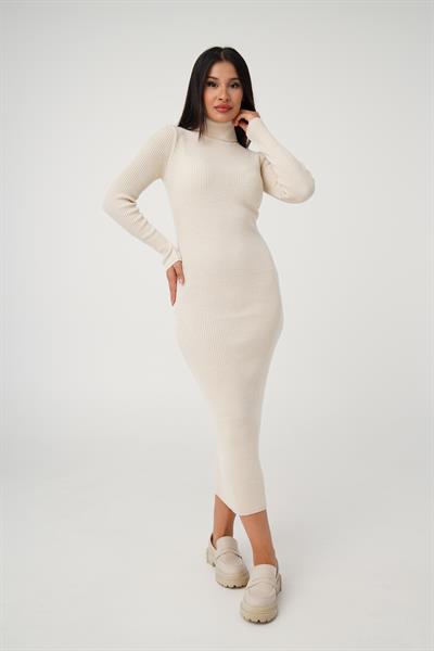 Boğazlı Fitilli Model Bej Triko Uzun Kalem Elbise