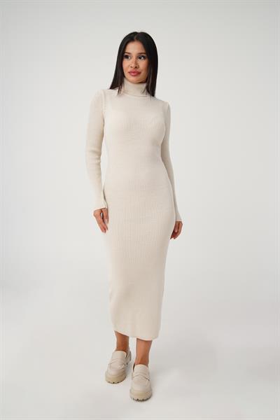 Boğazlı Fitilli Model Bej Triko Uzun Kalem Elbise