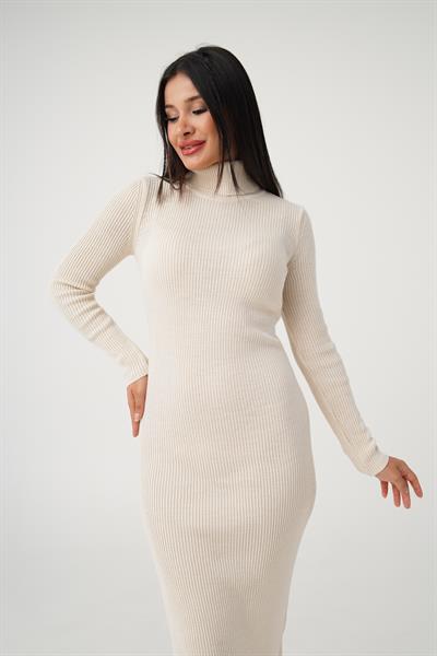 Boğazlı Fitilli Model Bej Triko Uzun Kalem Elbise