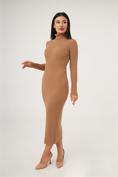 Boğazlı Fitilli Model Camel Triko Uzun Kalem Elbise
