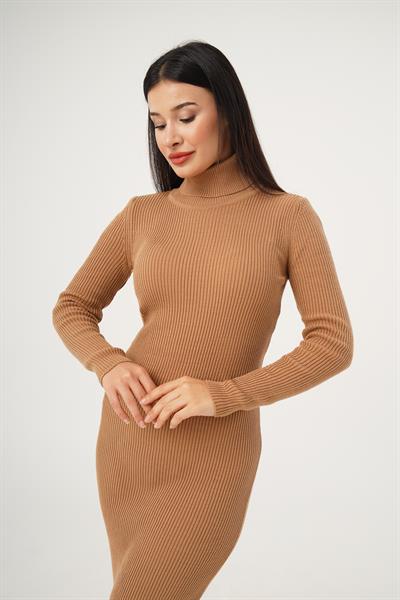 Boğazlı Fitilli Model Camel Triko Uzun Kalem Elbise