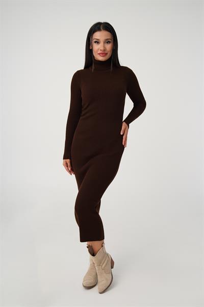 Boğazlı Fitilli Model Kahve Triko Uzun Kalem Elbise