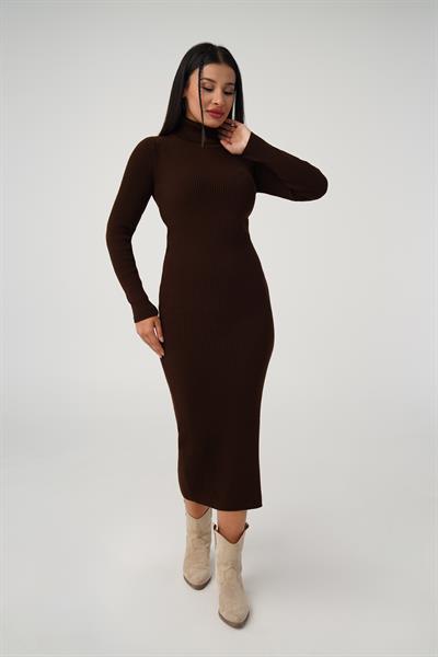 Boğazlı Fitilli Model Kahve Triko Uzun Kalem Elbise