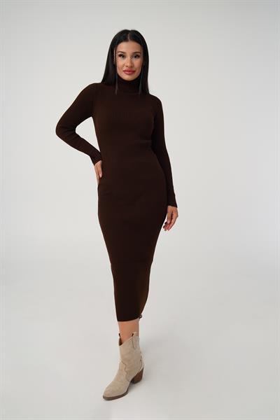 Boğazlı Fitilli Model Kahve Triko Uzun Kalem Elbise