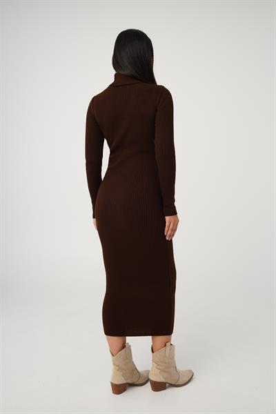 Boğazlı Fitilli Model Kahve Triko Uzun Kalem Elbise