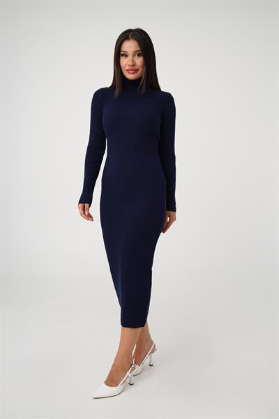 Boğazlı Fitilli Model Lacivert Triko Uzun Kalem Elbise