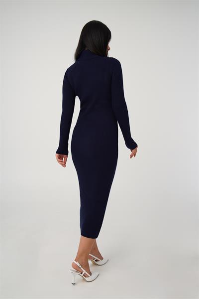 Boğazlı Fitilli Model Lacivert Triko Uzun Kalem Elbise