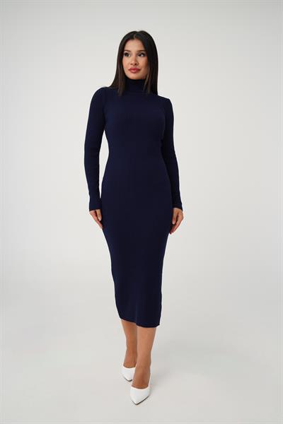 Boğazlı Fitilli Model Lacivert Triko Uzun Kalem Elbise