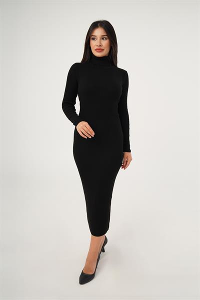 Boğazlı Fitilli Model Siyah Triko Uzun Kalem Elbise