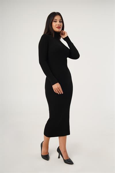 Boğazlı Fitilli Model Siyah Triko Uzun Kalem Elbise