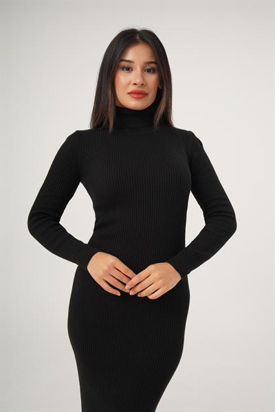 Boğazlı Fitilli Model Siyah Triko Uzun Kalem Elbise