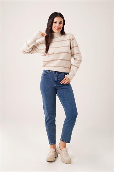 Boğazlı İnce Çift Çizgili Geçişli Taş Triko Kazak