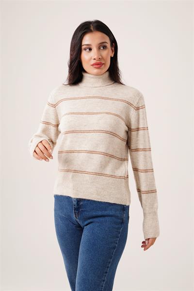 Boğazlı İnce Çift Çizgili Geçişli Taş Triko Kazak