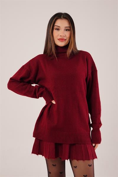 Boğazlı Kazak ve Piliseli Mini Etek Bordo Triko Takım