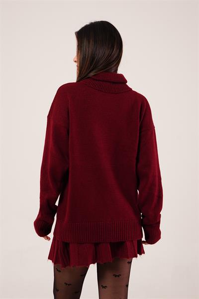 Boğazlı Kazak ve Piliseli Mini Etek Bordo Triko Takım