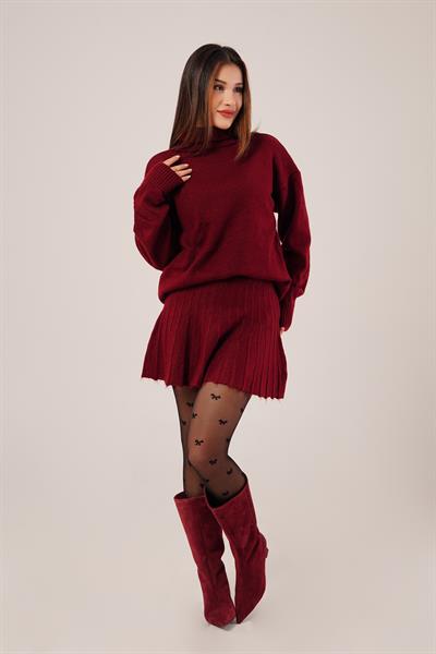 Boğazlı Kazak ve Piliseli Mini Etek Bordo Triko Takım