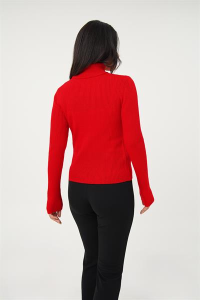 Boğazlı Triko Fitilli Kırmızı Triko Kazak