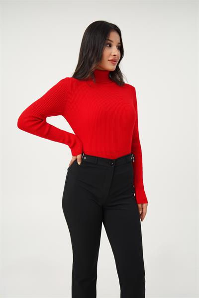 Boğazlı Triko Fitilli Kırmızı Triko Kazak