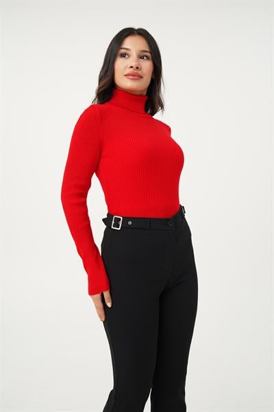 Boğazlı Triko Fitilli Kırmızı Triko Kazak