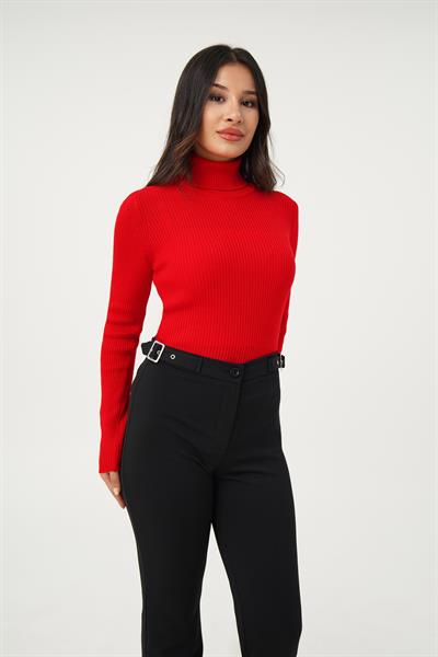 Boğazlı Triko Fitilli Kırmızı Triko Kazak