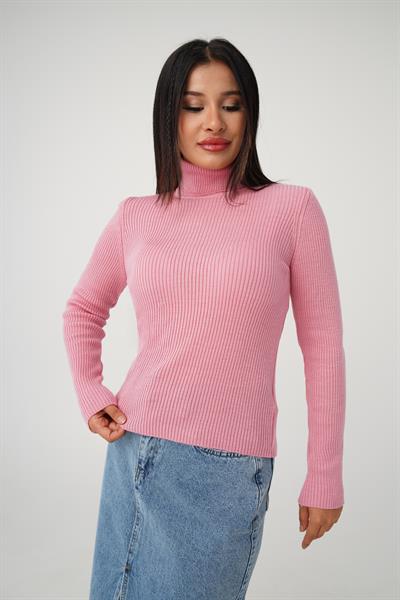 Boğazlı Triko Fitilli Pembe Triko Kazak