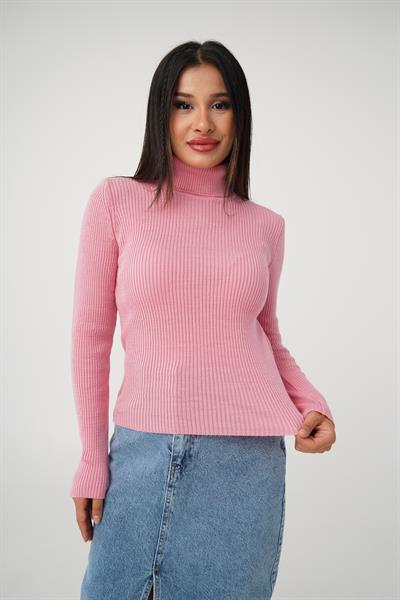 Boğazlı Triko Fitilli Pembe Triko Kazak