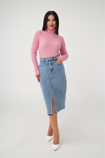 Boğazlı Triko Fitilli Pembe Triko Kazak