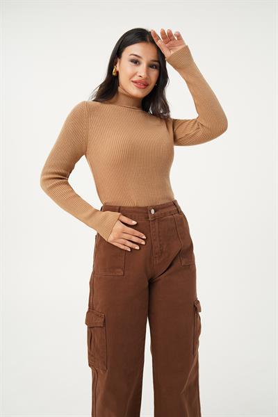 Boğazlı Triko Fitilli S.Kahve Triko Kazak
