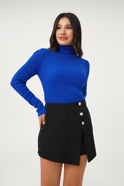 Boğazlı Triko Fitilli Saks Triko Kazak