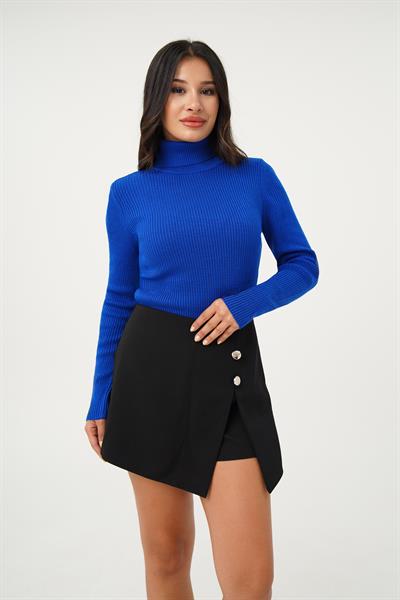 Boğazlı Triko Fitilli Saks Triko Kazak