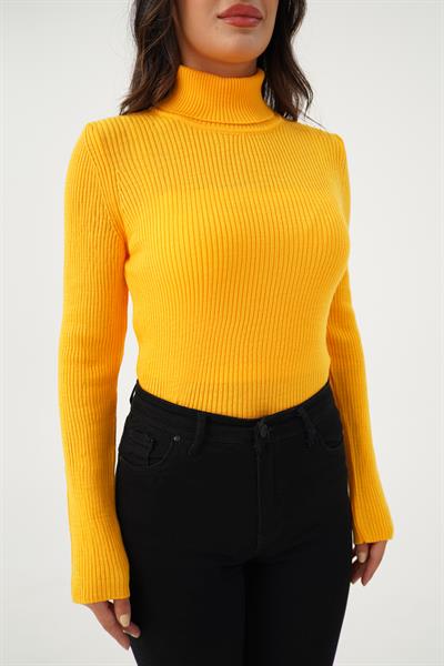 Boğazlı Triko Fitilli Sarı Triko Kazak