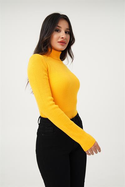Boğazlı Triko Fitilli Sarı Triko Kazak