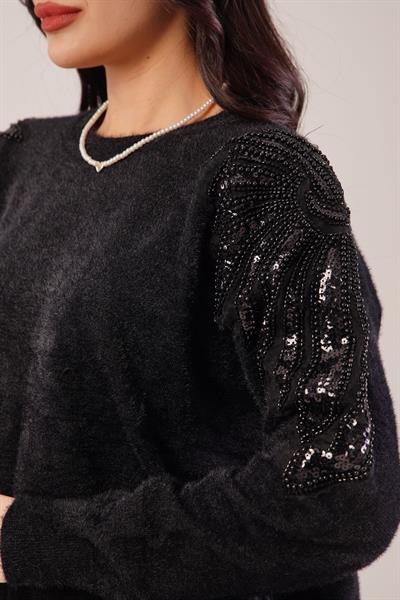 Boncuk ve Payet İşlemeli Peluş Siyah Kazak