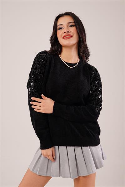 Boncuk ve Payet İşlemeli Peluş Siyah Kazak